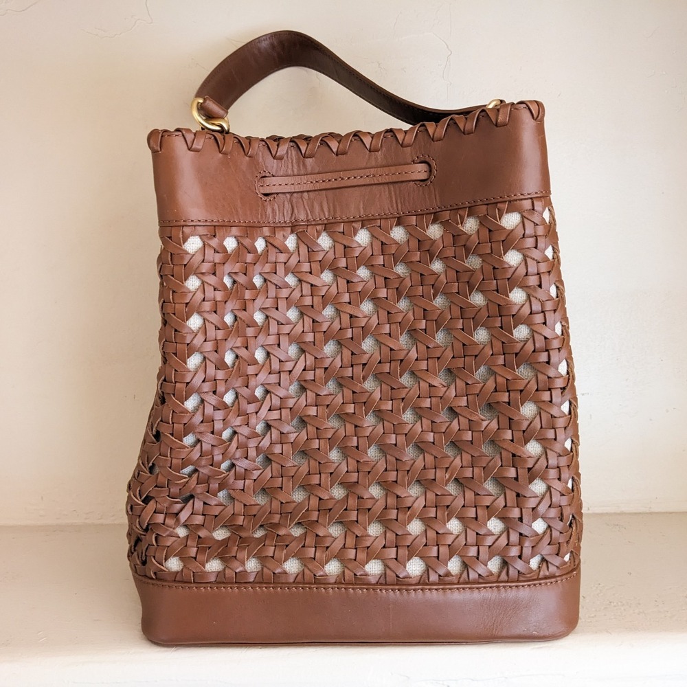 Lauren Ralph Lauren Woven Leather Bucket Bag Field Brown Diana Portwood Tote - Picture 5 of 16